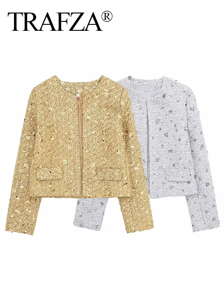 TRAFZA 2024 Donne Paillettes Lucide Cardigan Cappotto O Collo Giacca A Maniche Lunghe Oro Argento Paillettes Sottile Cappotti Corti Moda Streetwear