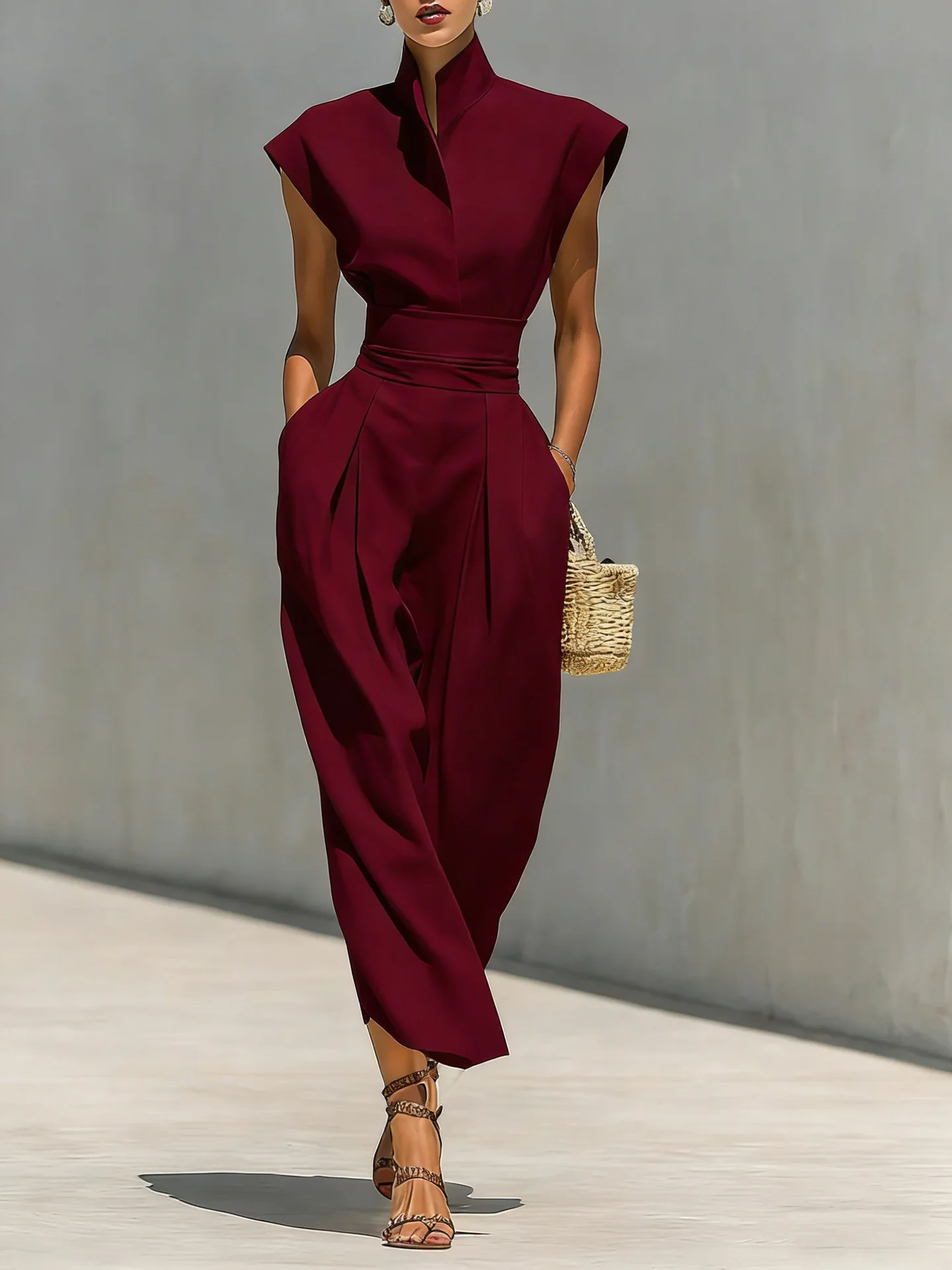 Zomerse Nieuwe Hoge Taille Zakjurk Elegante Dames Slim Geplooide Midi Jurken Mode Effen Staande Kraag Mouwloze Jurk voor Dagelijks Gebruik
