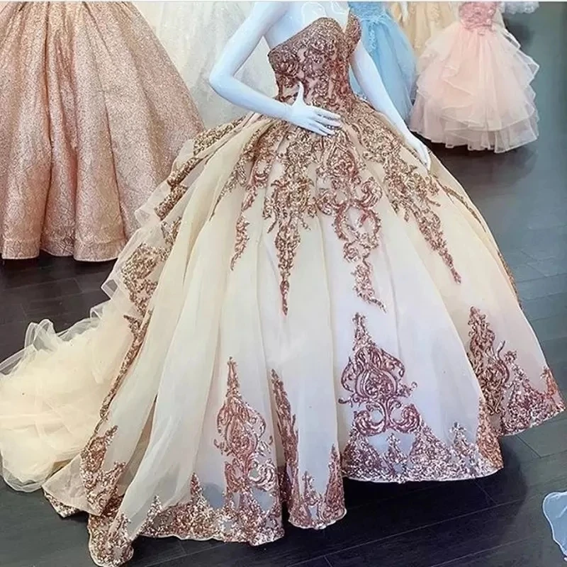 ANGELSRIDEP Sweetheart Quinceanera Dresses Sweet 16 Fashion Applique Court Train Wedding Formal Cinderella Birthday Party Gowns