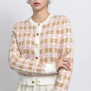 Women Short Cardigan Colorful Argyle Printed O-Neck Single Breasted Long Sleeve Casual Spring 2024 Coat