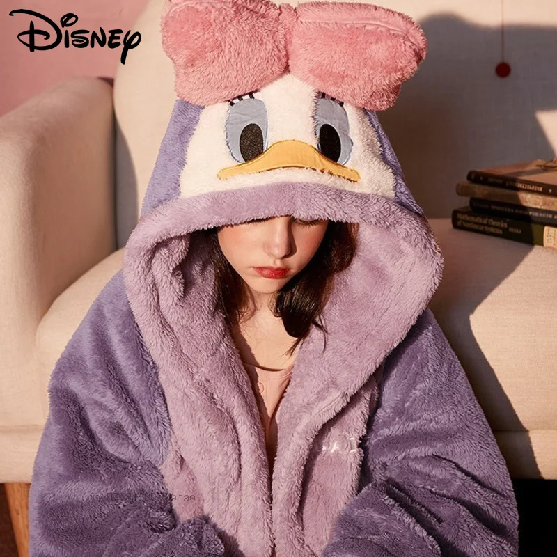 Disney Daisy & Donald Duck Winter Plush Pjs Y2k Winnie Warm Coral Velvet Nightwear Couple Thickened Bathrobe Hooded Pyjamas Suit