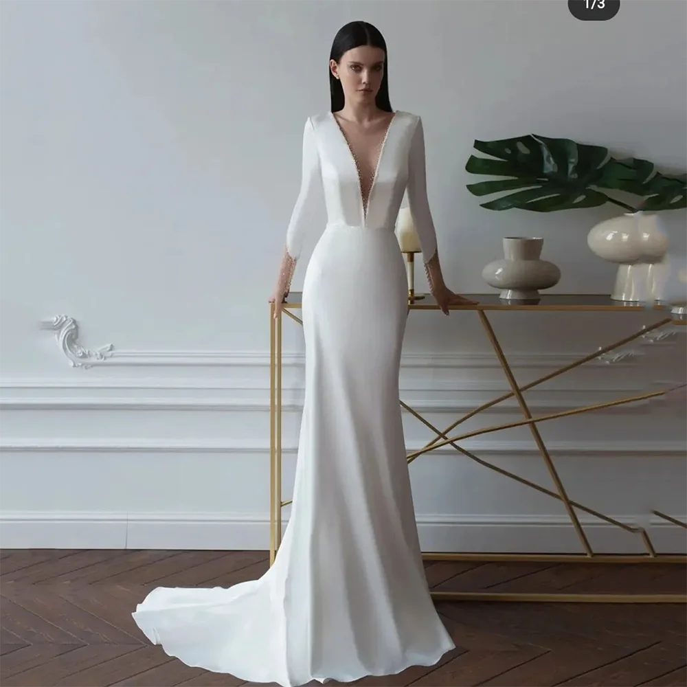 

Женское свадебное платье с глубоким V-образным вырезом, длинными рукавами, из атласа, А-силуэта, со шлейфом, на заказ, с простой молнией на спине и жемчугом