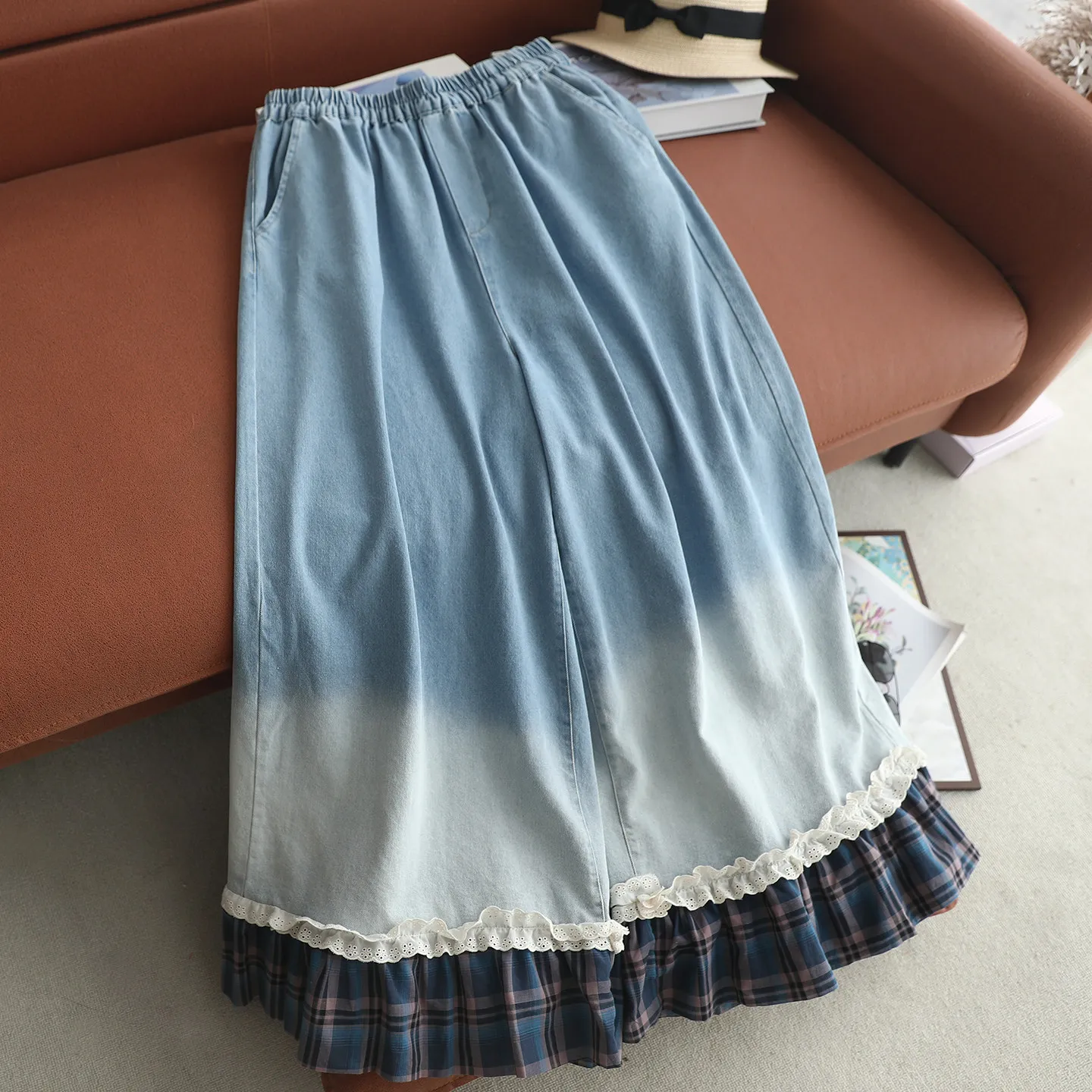 Japanese Mori Girl Gradient Color Vintage Plaid Patchwork Denim Wide Leg Pants Women Elastic Waist Casual Loose Straight Jeans