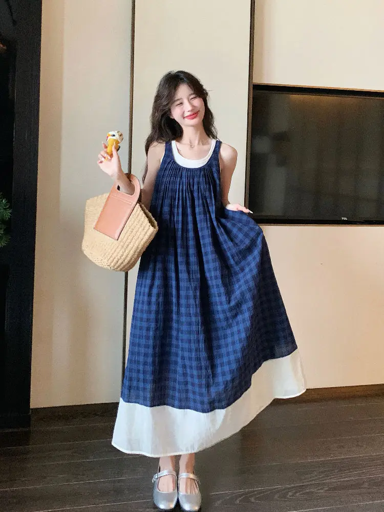 

Dress High Quality Patchwork Blue Plaid Sleeveless 2024 New Summer Style French Literary Style Small Fresh Camisole Long Skirt