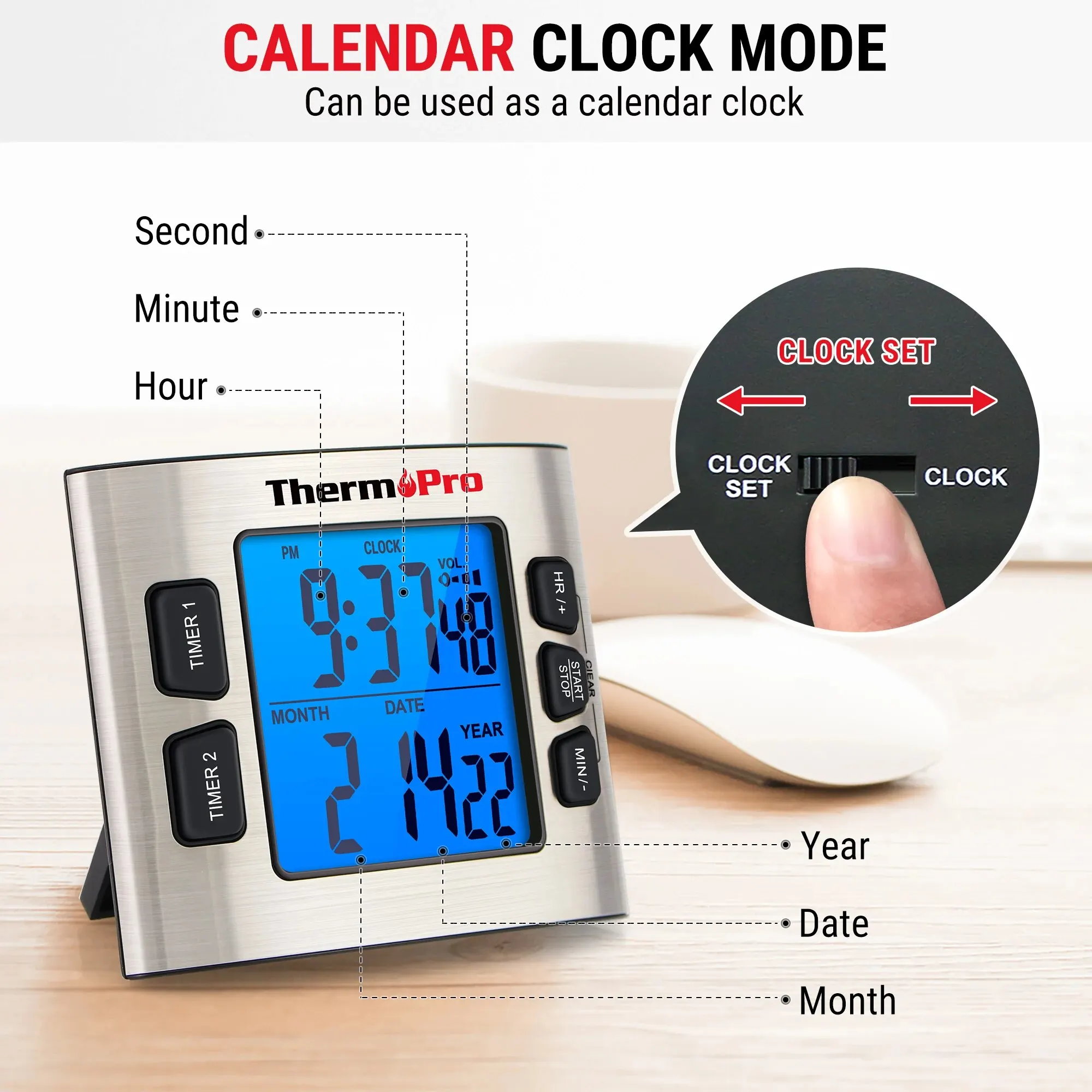 ThermoPro TM02 Digital Kitchen Timer Large Dual Display Backlight Countdown/UP Function with Clock for Study Exercise Use