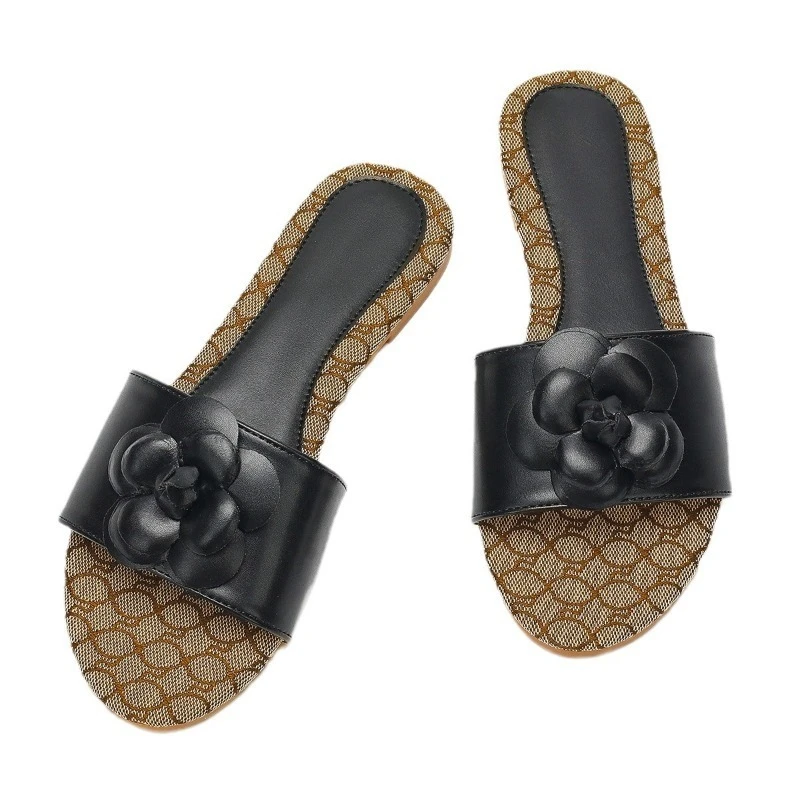 أنيقة الأسود كاميليا الديكور النعال المسطحة المرأة الصيف المفتوحة تو الشرائح الصنادل مريحة خفيفة عدم الانزلاق حذاء كاجوال #5