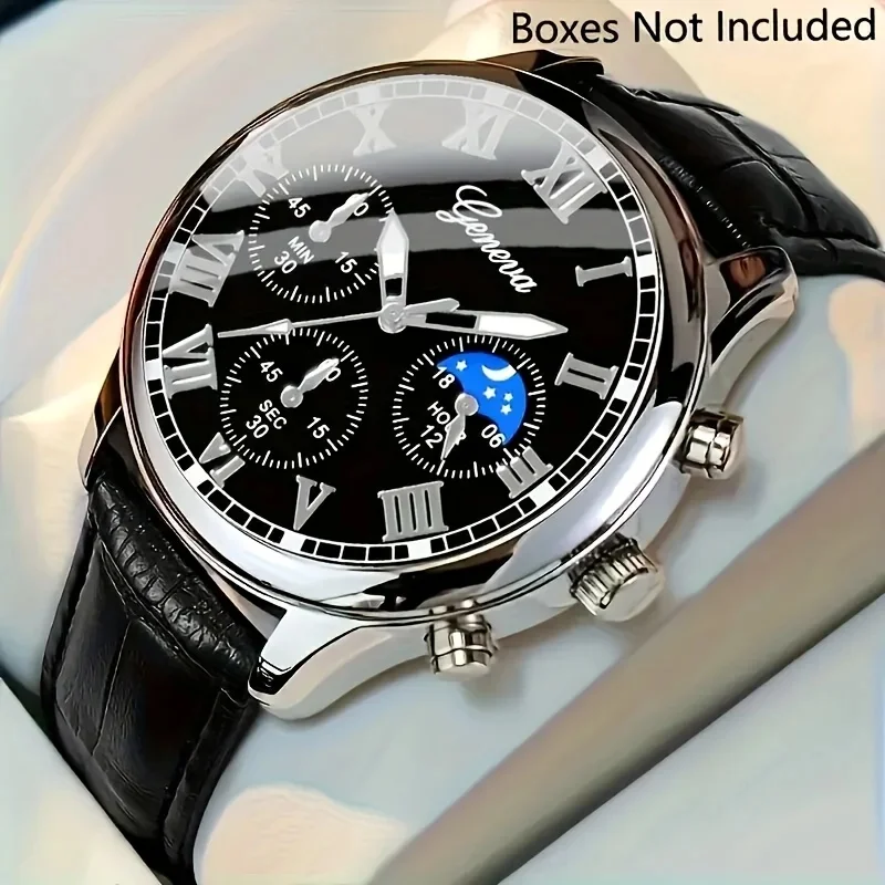 Casual Men'S Quartz Watch, Fashionable Business PU Leather Watch Bracelet Combination, Suitable For Daily Use Or Gift Gifts