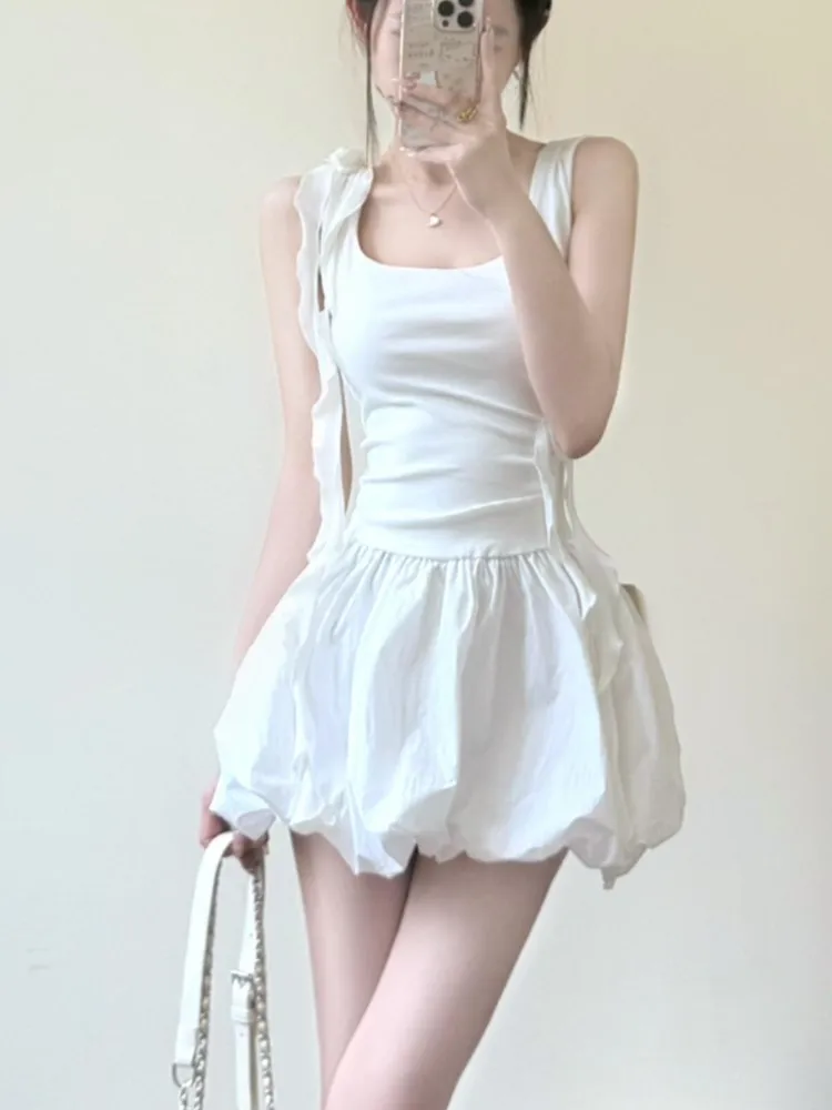 

Summer New 2025 Korean Fashion White Retro Dress Sweet Flower Lace-up Square-Neck Slim Waist Sleeveless Small Vest Dress Women