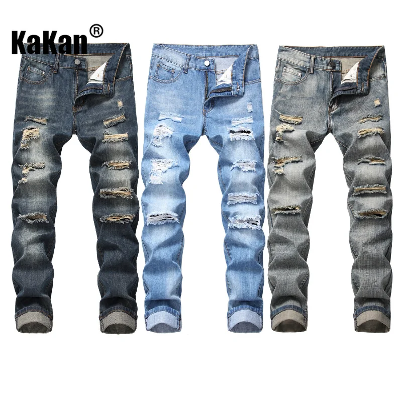 

Kakan - Holed Straight Fit Bulletless Men's Jeans, European and American New Wear and Tear Jeans K010-305