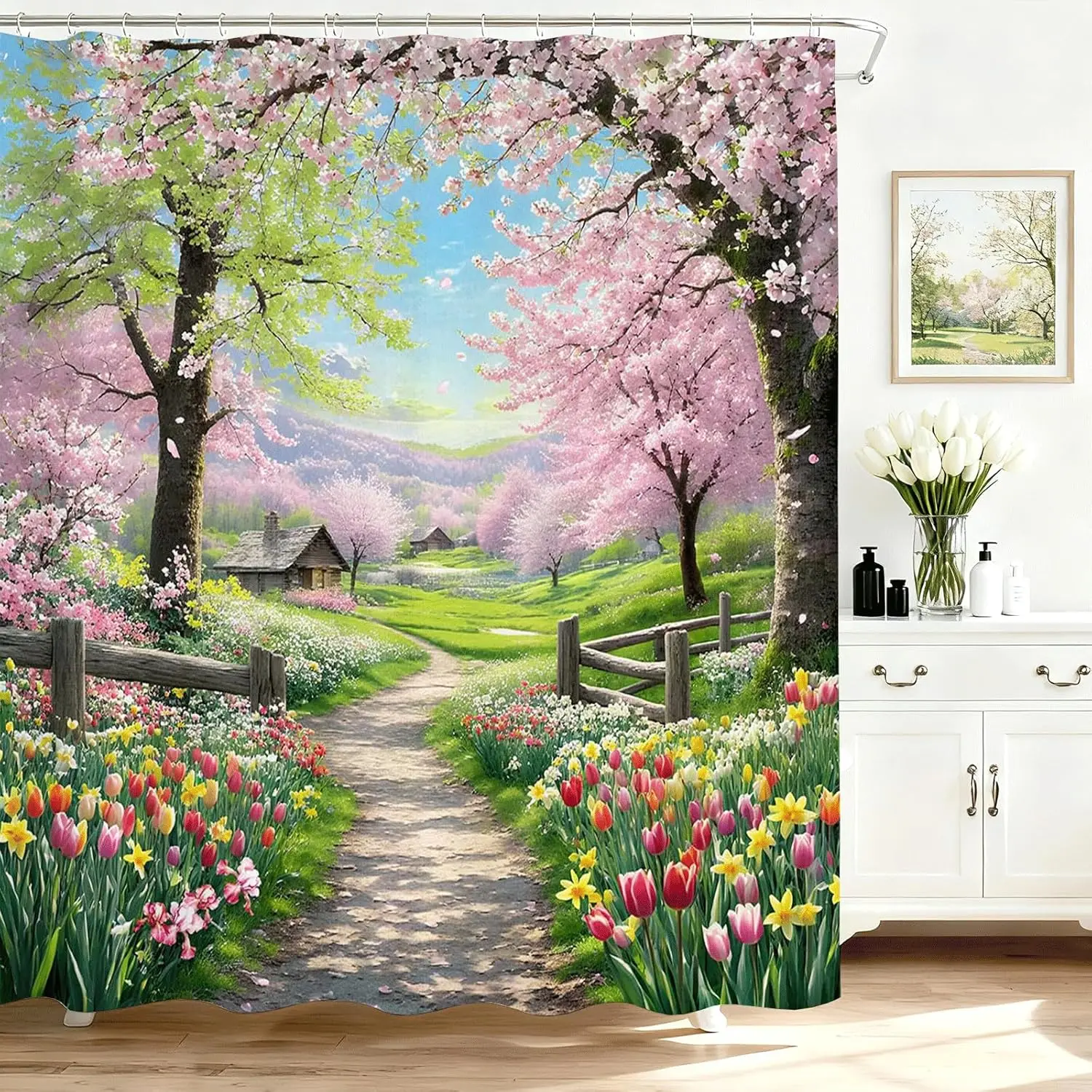 

Весенняя занавеска для душа с цветочным принтом и розовым тюльпаном и персиковым цветком, набор из полиэстера для декора ванной комнаты с разноцветными цветами