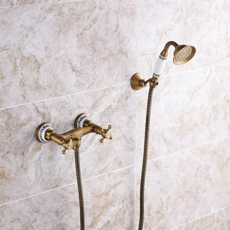 

Retro Shower Faucets Antique Brass Ceramics Bathtub Faucets Rain Shower HandHeld Bathroom Sanitary Wall Mount Shower Mixer Tap