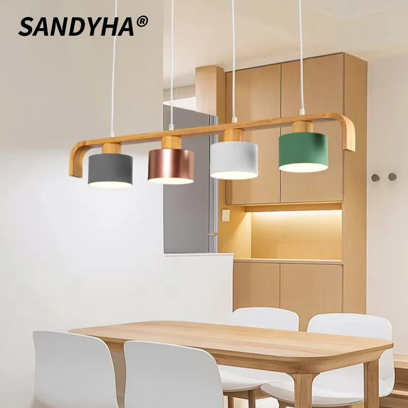 SANDYHA Nordic Pendant Light Metal Wooden LED Hanging Lamp for Home Restaurant Cafe Decor Creative Indoor Chandelier Fixture