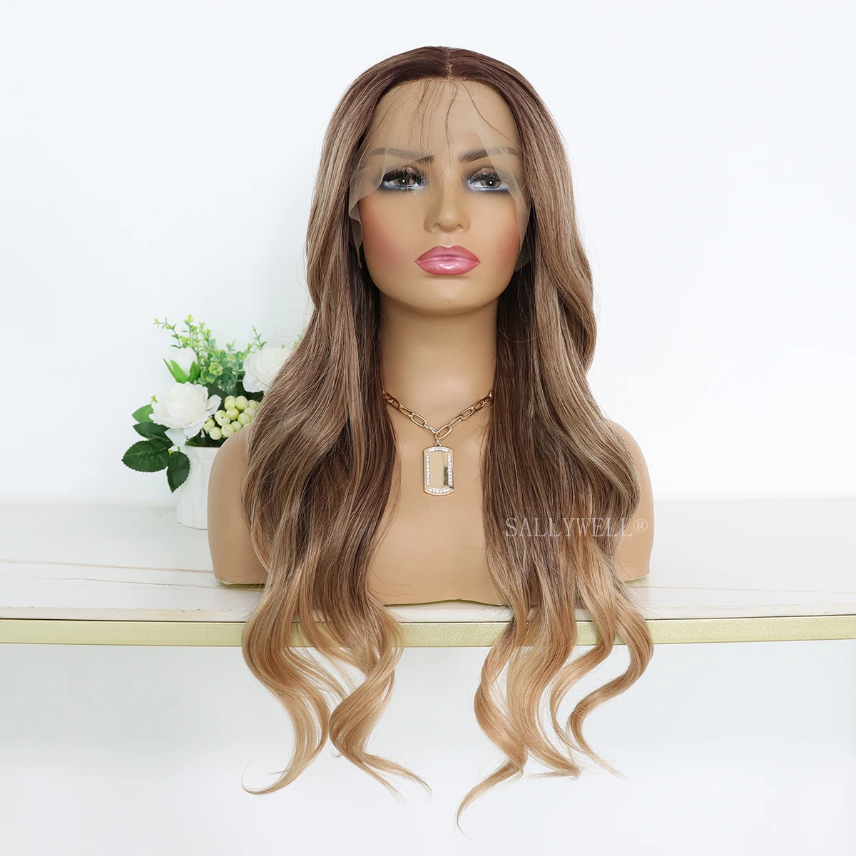 Long Ombre Blonde Lace Front Wig 24 Inch Natural Wavy Daily Hair Synthetic Lace Wigs Middle Part,Hand Tied/Longlife/Lightweight