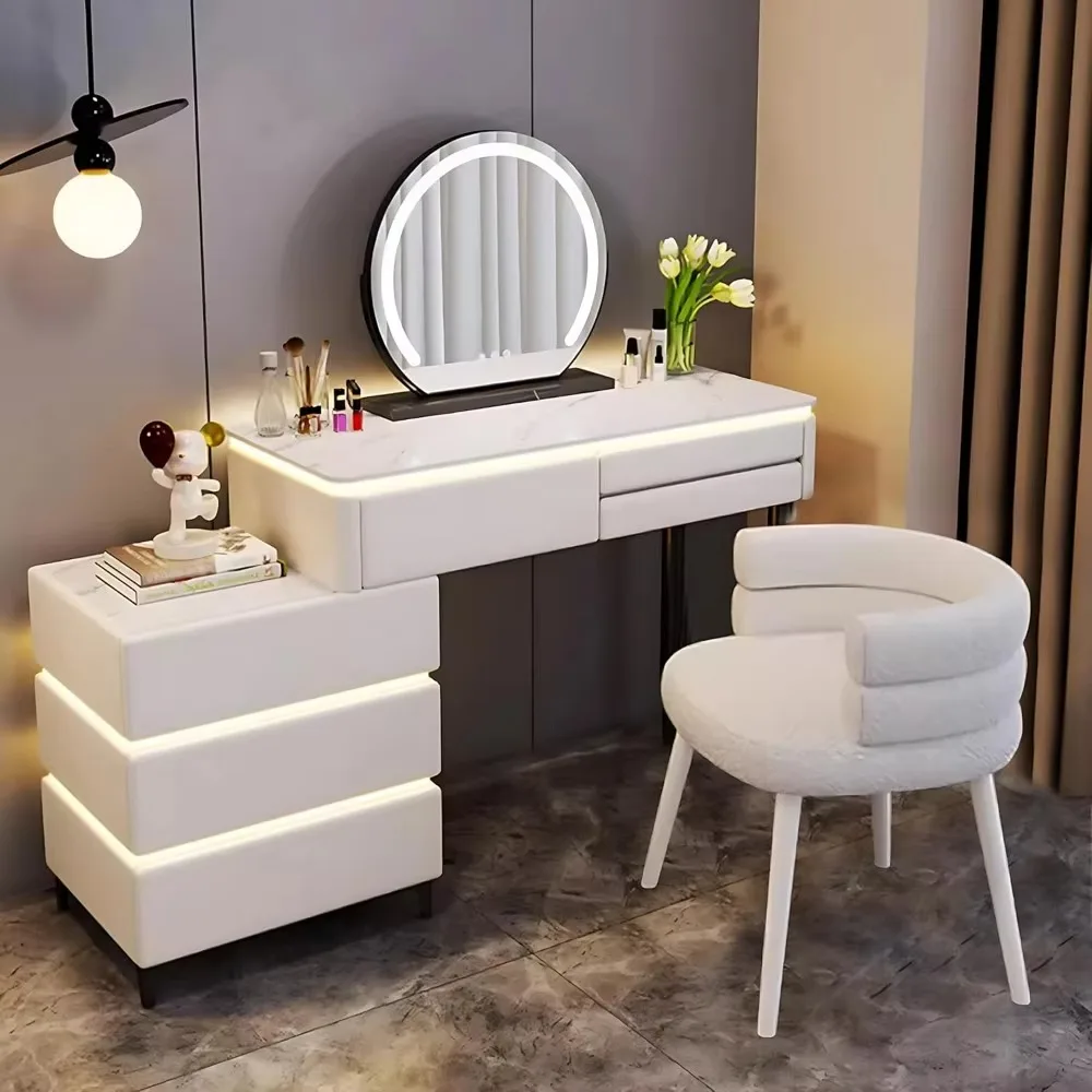 Makeup Vanity Table with Drawers & Smart LED Makeup Mirror, Solid Wood Bedroom Vanity, Including Chair (6-White, 31