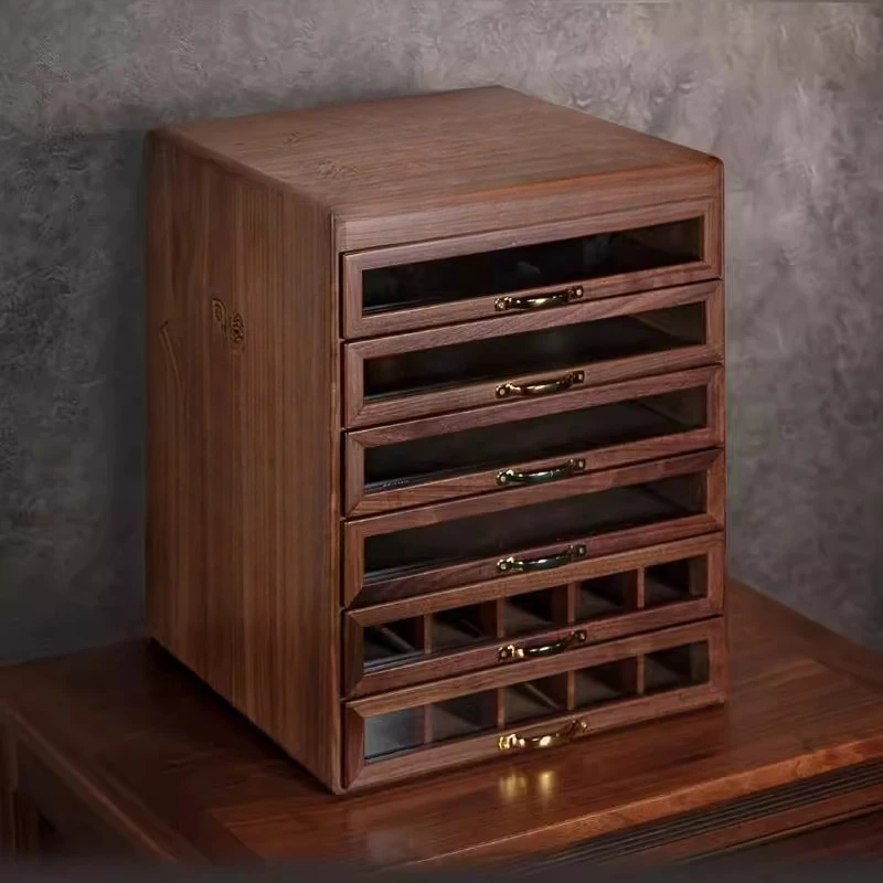 

Walnut six draw twelve draw jewelry box Wenwan solid wood storage cabinet