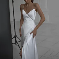 Elegant White Satin Evening Long Party Dress Women Sexy Slip Deep V Neck High Split Backless Maxi Summer Dresses for Women 2023