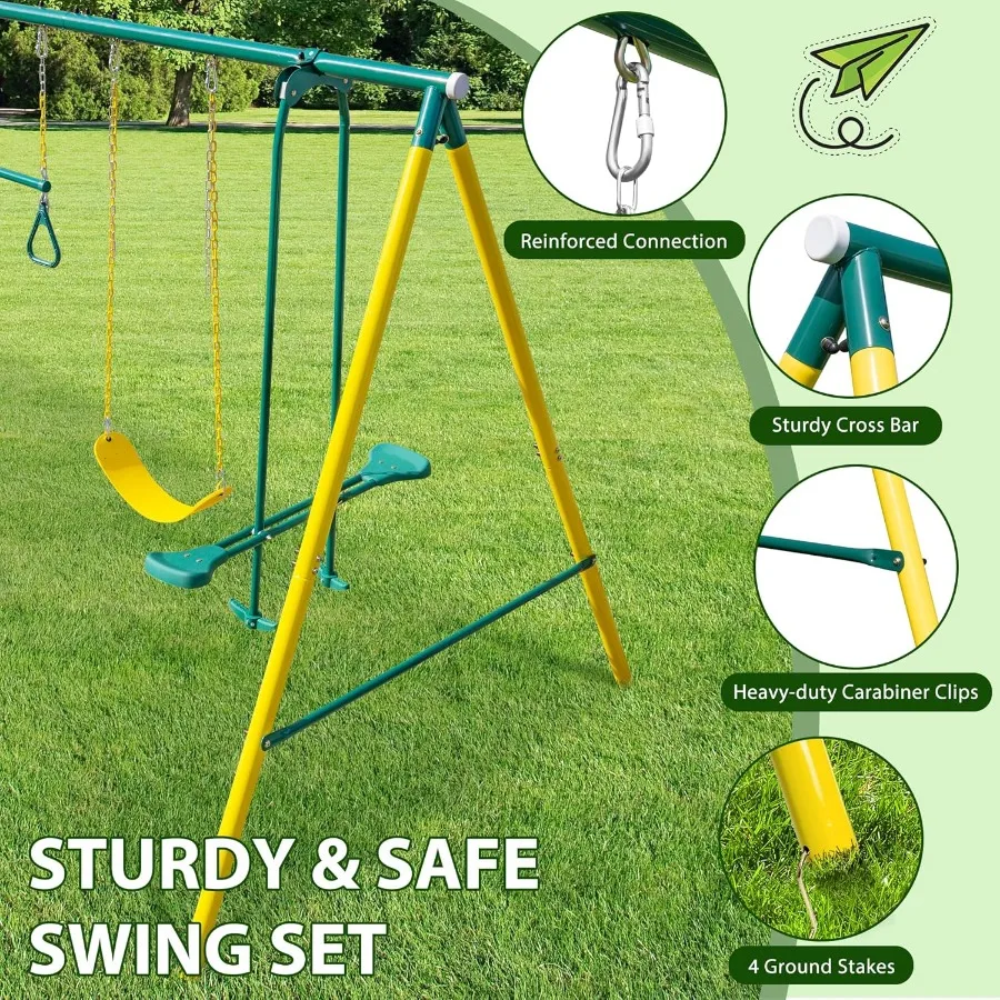 مجموعة أرجوحة معدنية شديدة التحمل 5 في 1 مع حزام أرجوحة شراعية وشريحة للاستخدام الخارجي وتصميم AFrame يدعم ما يصل إلى 500 رطل