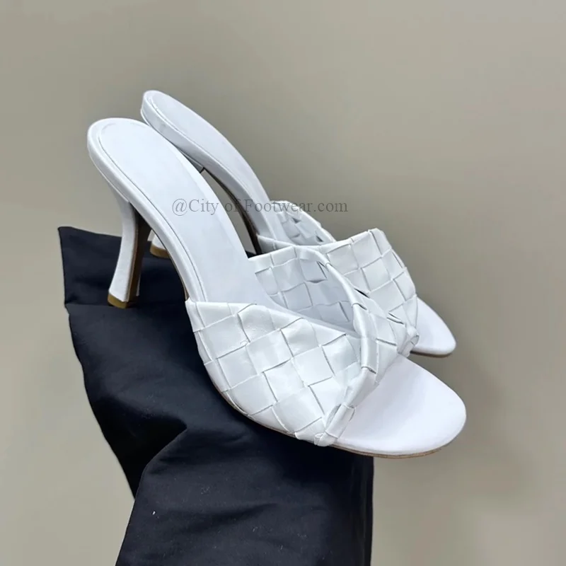 Colorful Woven Leather High Heels Slippers Women\'s Summer New in Soft Open Toe Mules Luxury Designers Party Causal Dress Shoes