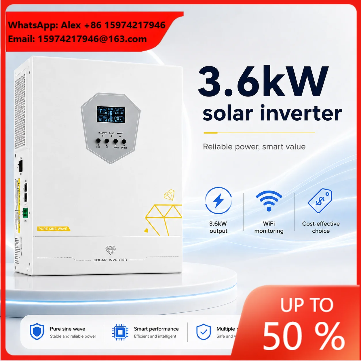 High Frequency 3600W On/Off Grid Hybrid Solar Inverter For 24v 48v Solar Energy Battery System With Pure Sine Wave Output