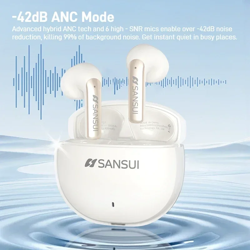 Sansui W27 ANC Bluetooth TWS Earbuds -42dB Noise Cancelling Bluetooth 5.4 Headphones 6 Mic HD Call Wireless Earphones for ladies