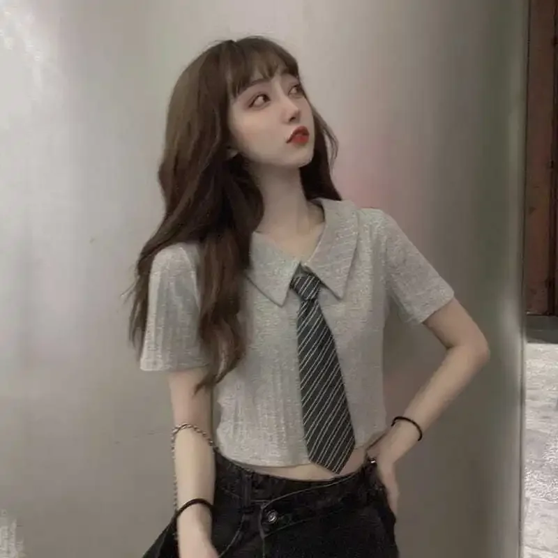 

New Retro Harajuku Summer Short Sleeve Cropped Polo Shirts Pullover Y2k Tops Sexy Korean Fashion Streetwear T-shirts Ladies Tops