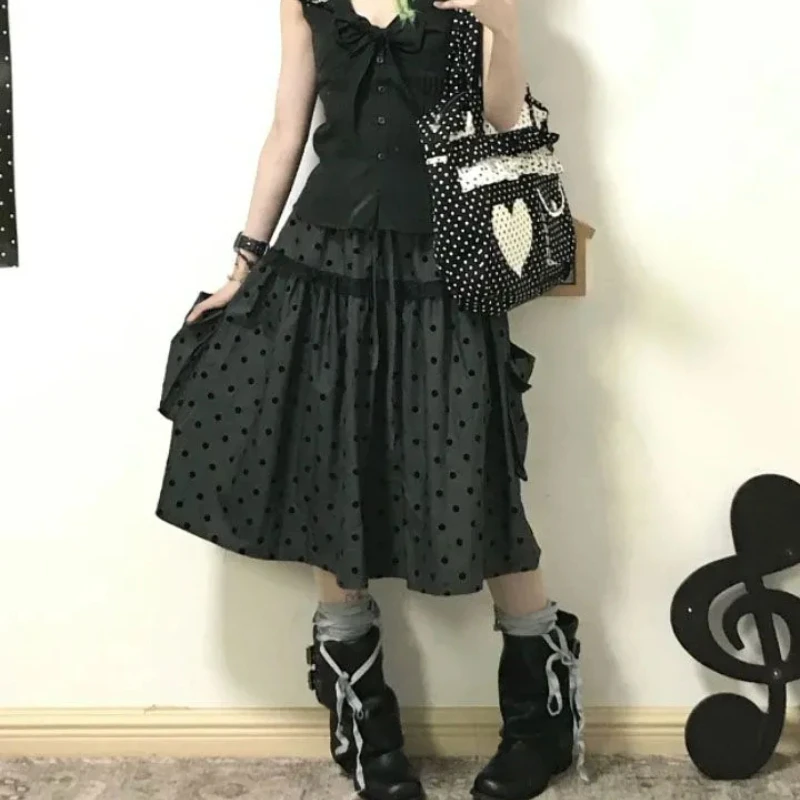 Gray Polka Dot Print Skirt Women Vintage Y2k Aesthetic Pocket A-line Mid Length Skirts Gothic Fashion Versatile Faldas