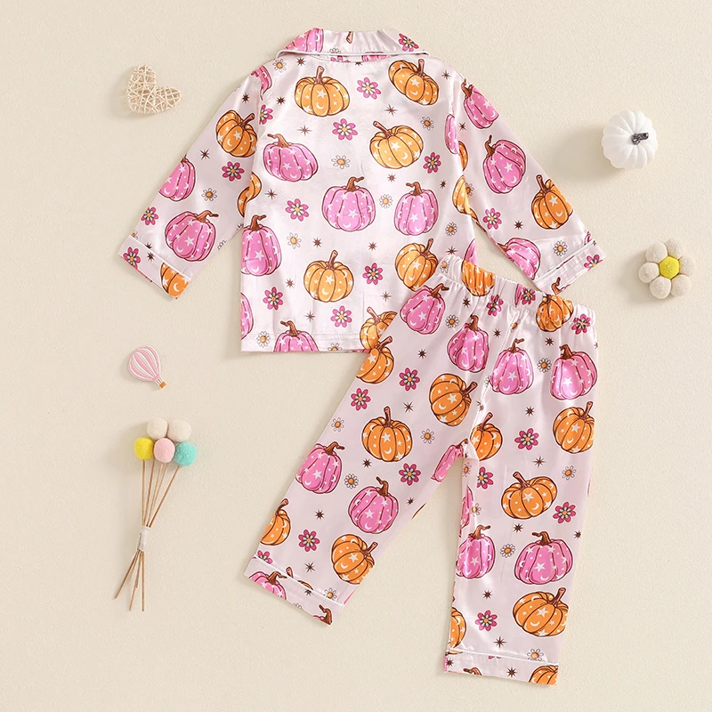 Little Girls Halloween Satin Pajama Set Pumpkin Print Long Sleeve Button Down Tops Elastic Waist Pants Autumn 2 Piece Set