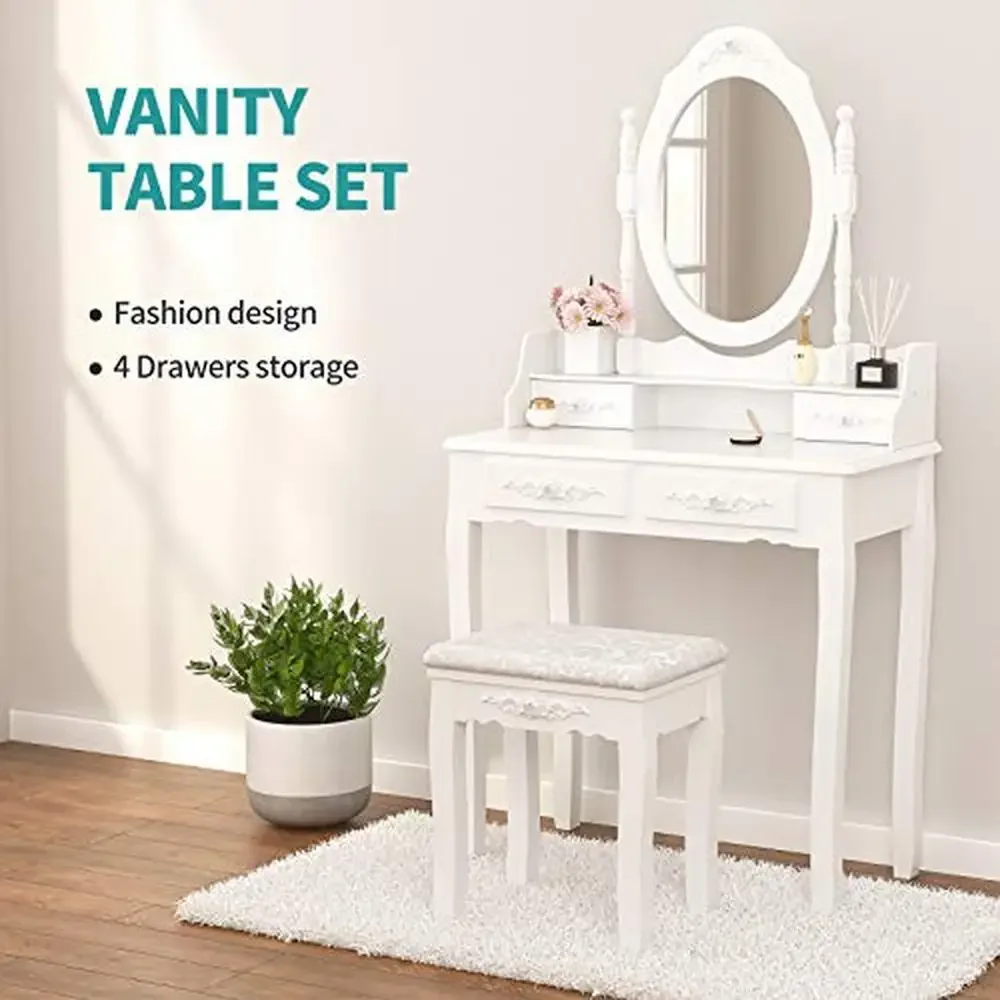 Wooden Vanity Table Oval Mirror Stool Dressing Table 4 Drawers White