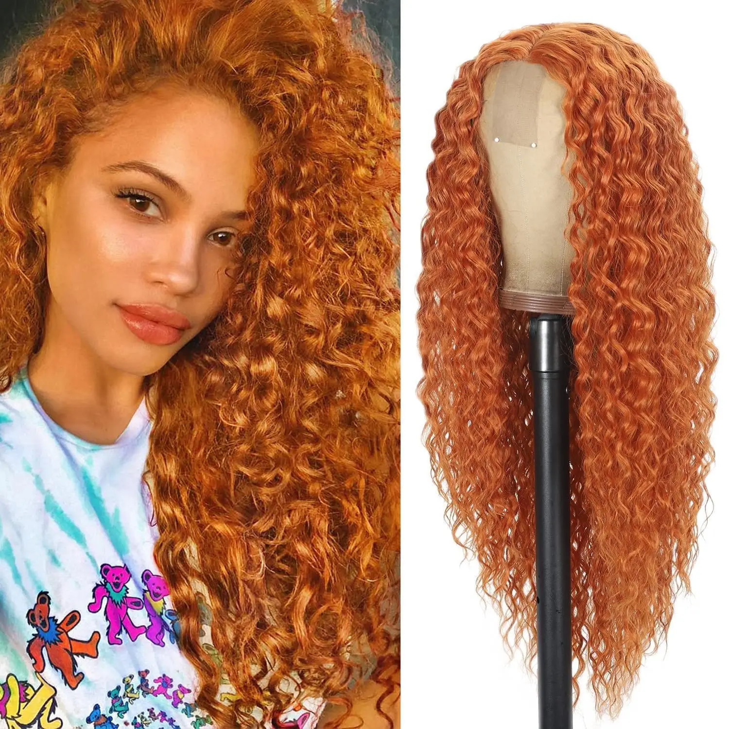 28inch 4X1 Lace Front Synthetic Wig, Ginger Orange Color 350 #   Deeply Curly Heat-Resistant Fiber Wig with Natural Hairline, Suitable for Women's Daily Wear and Party Wear.