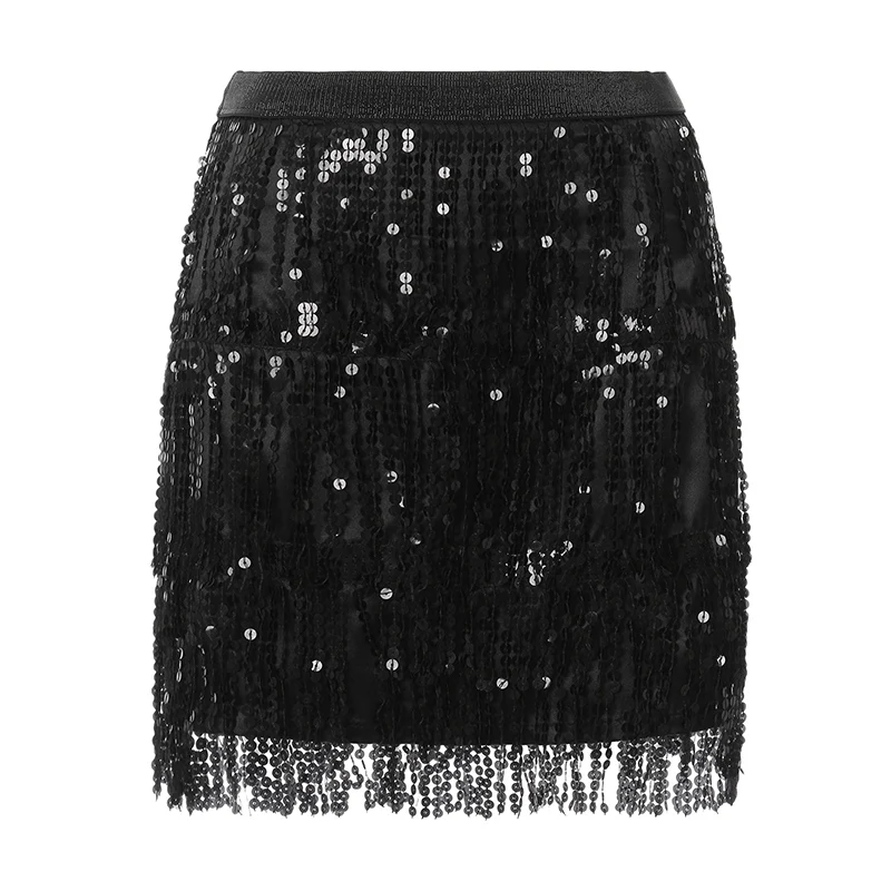 Women Sequined Fringe Skirt Glitters Elastic Waist Miniskirt Mini Skirt for Dance Rave Party Black Silver Gold Red