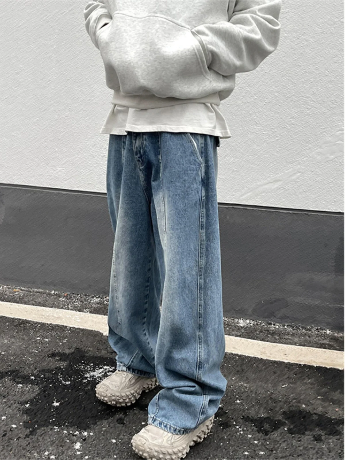 

Мужские джинсы из синего денима с эффектом потертости, осенние, в американском ретро-стиле, с высокой талией, широкими штанинами, универсальные, повседневные, свободного кроя