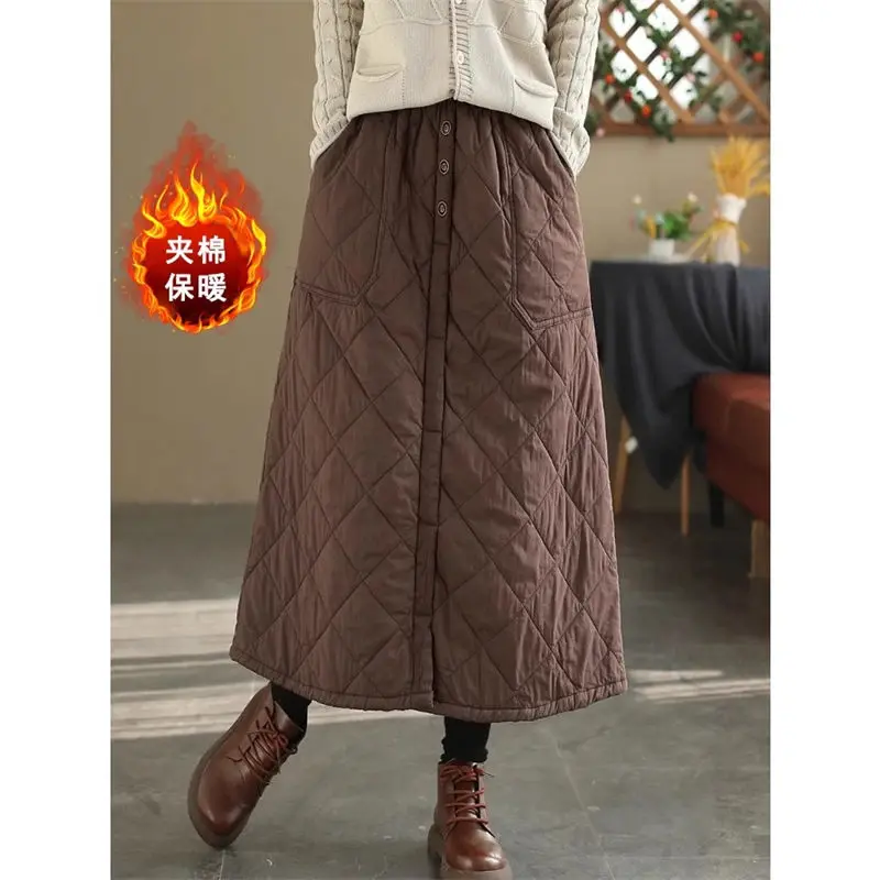 Retro Mom Diamond Grid Quilted Skirt Winter Warm Large Size Women's Clothing Casual High Waist Casual Cotton Skirt K2641