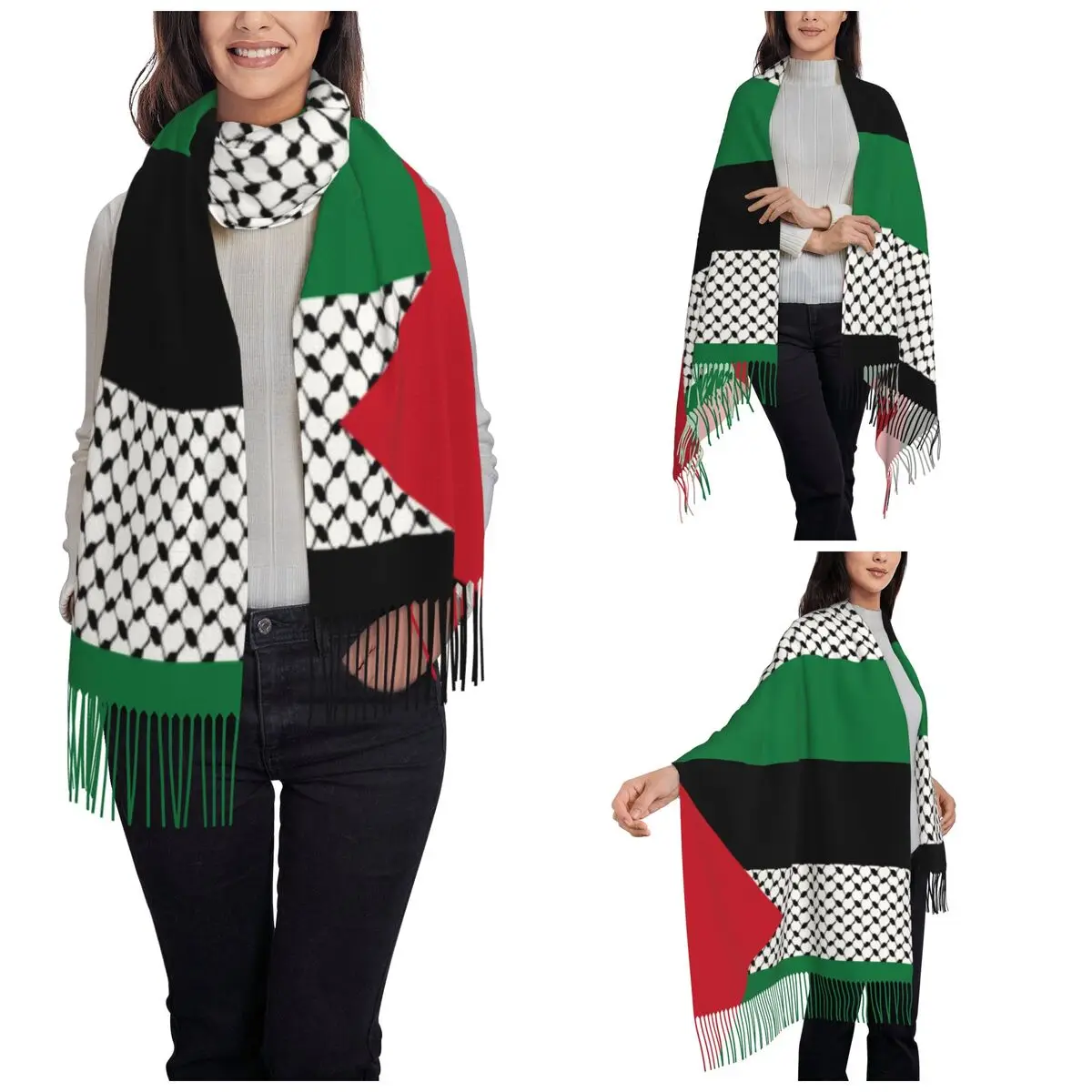 Palestine Flag Scarf for Womens  Pashmina Shawl Wrap Palestinian Hatta Kufiya Keffiyeh  Large Scarves with Tassel Daily Wear