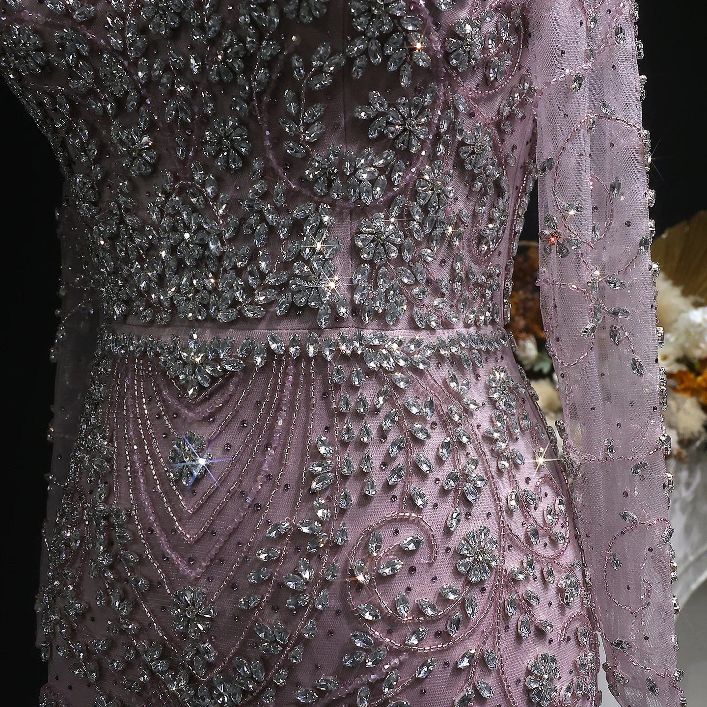Sharon Said Luxuriöses Arabisches Dubai Rosa Meerjungfrauenkleid mit Langen Ärmeln, Perlenbesetztes Formelles Abendkleid für Hochzeit, Party, Ball, SS181 Maßanfertigung – Detail 14