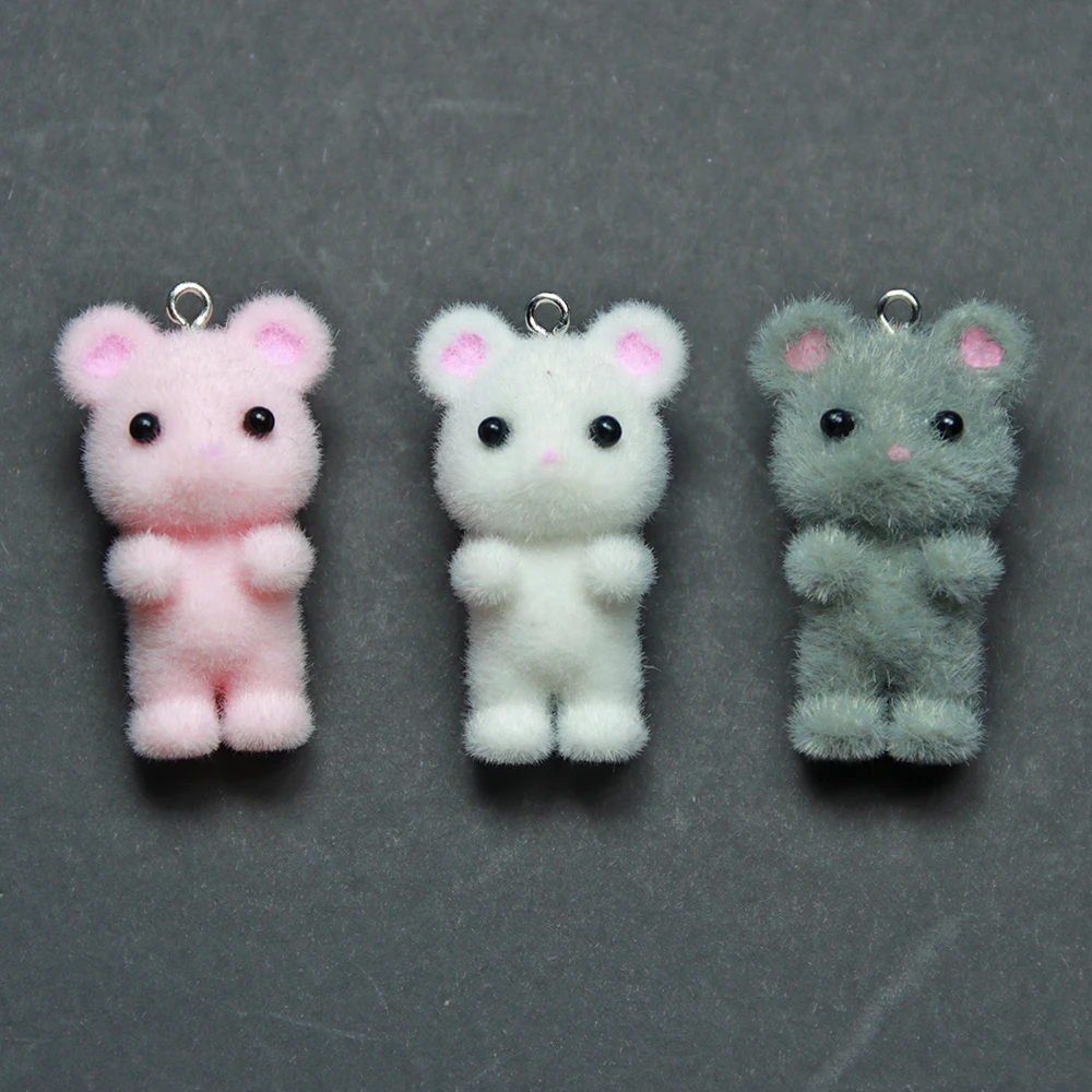 30 szt. 3D Kawaii Mouse floking Charms uroczy mysz z kreskówki ozdobny wisiorek kolczyk akcesoria do breloków dla rzemiosła biżuteria