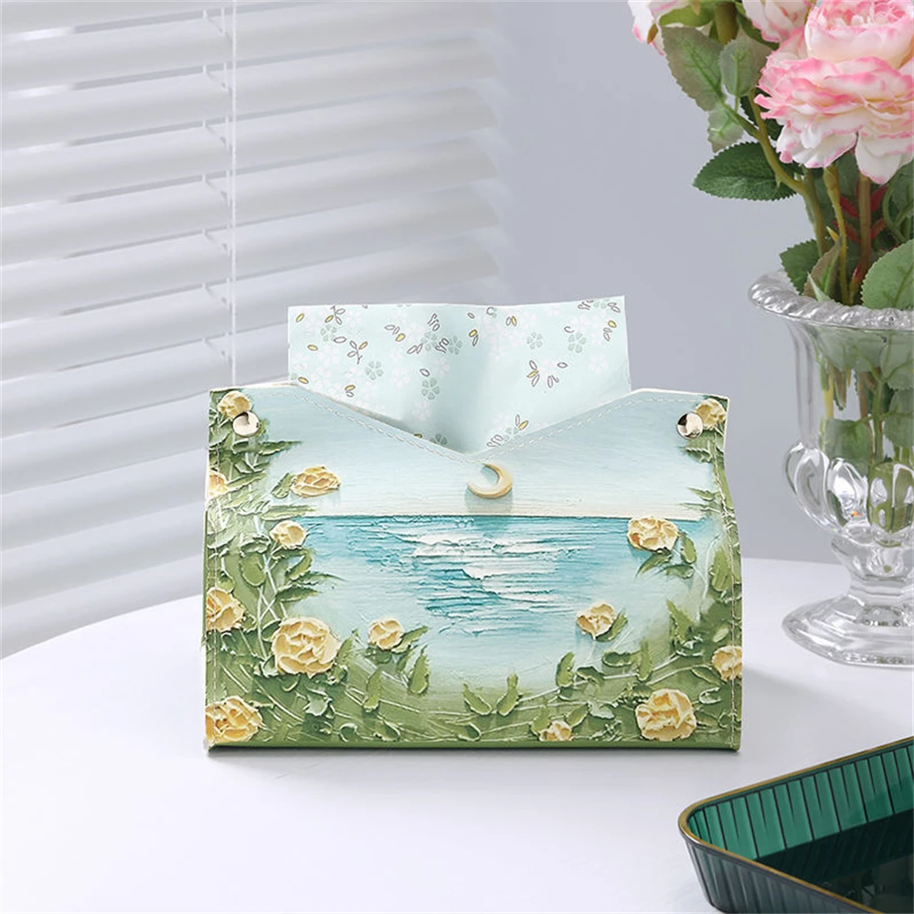 Oil Painting Tissue Storage Box PU Leather Napkin Holder Home Living Toilet Paper Case Creative Kitchen Tissue Organizer Boxes