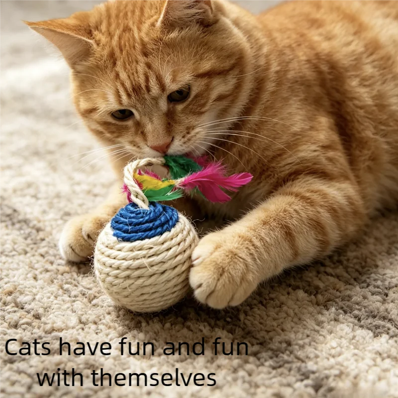 Cat Sisal Ball with Feather - Interactive Cat Toy for Grinding Claws, Teeth Cleaning, Indoor Self-Play, Kitten Chasing Toy