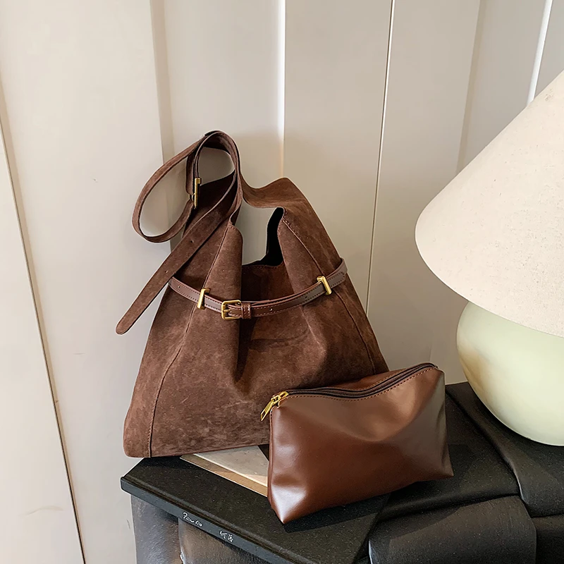

2025 High Quality Large Capacity Sweet Shoulder Bags New Hasp Sewing Thread Faux Suede Commute Design Crossbody Bags for Women