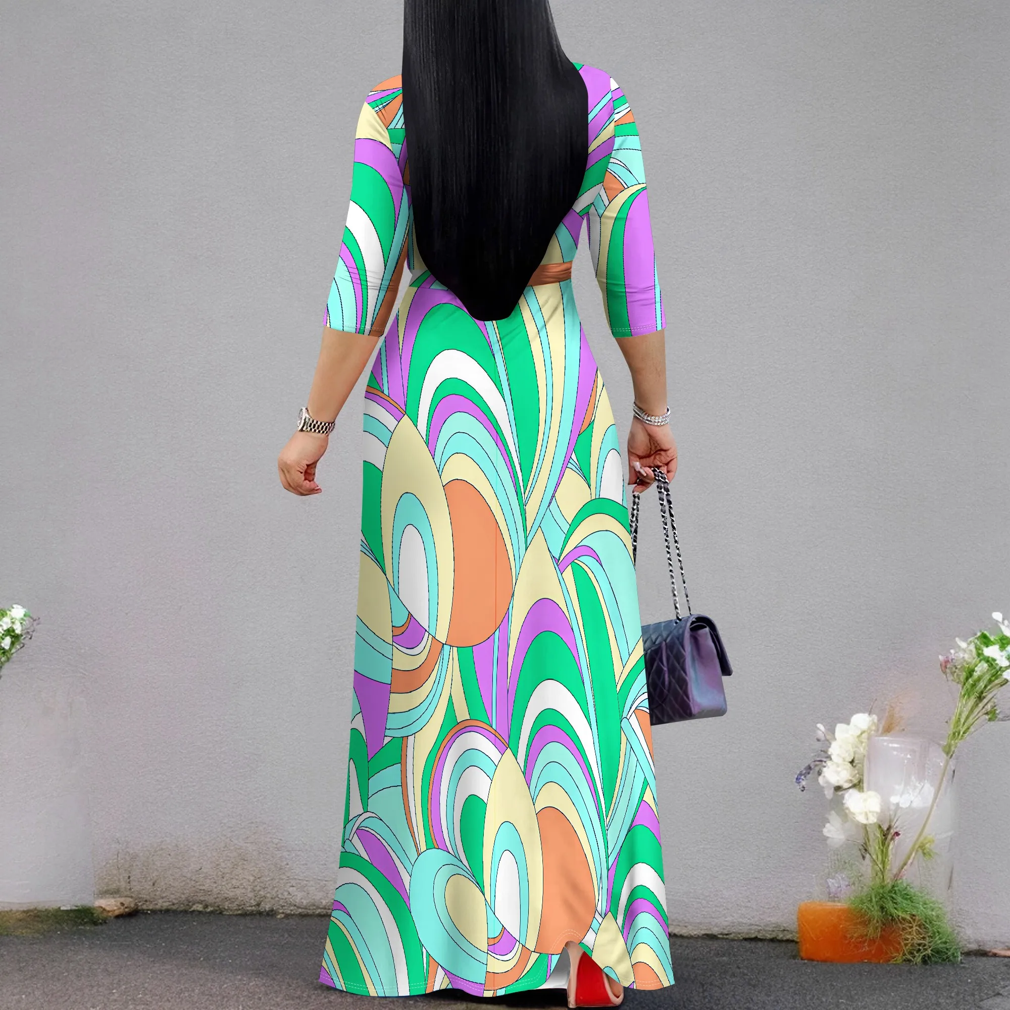 Seksowna sukienka damska z krótkim rękawem i dekoltem w szpic Boho Long Dress Fashion Printed Split Hem Club Party Casual Vacation Maxi Dress