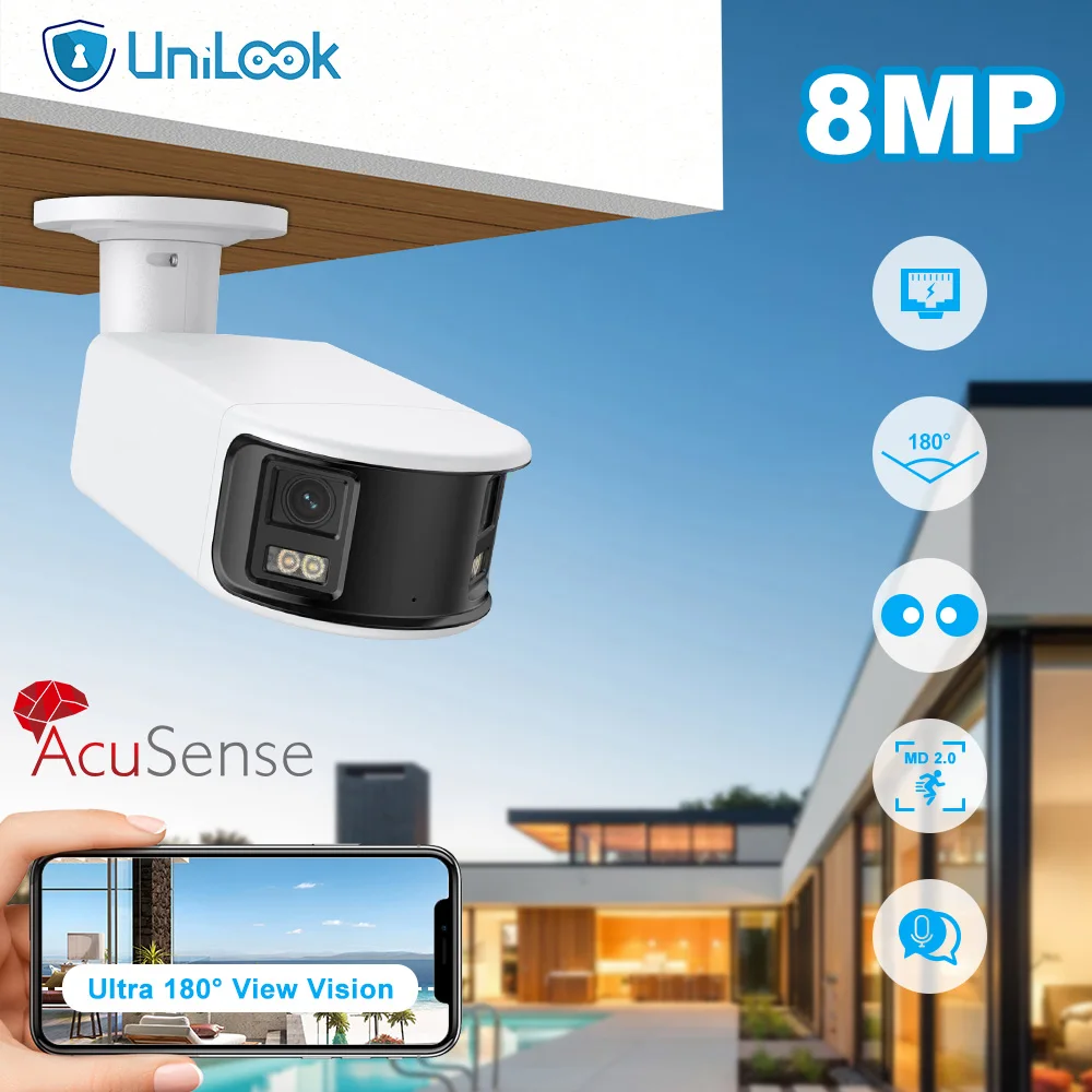 

UniLook 8MP Dual Lens POE Camera Ultra Wide Angel 180° Panoramic Camera Real Time 2-Way Audio AI Human Vehicle Detection H.265