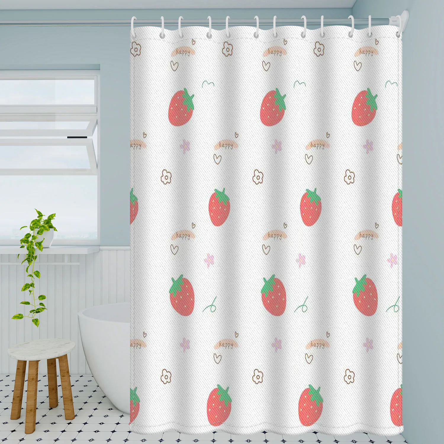 Joyful Strawberry Print Bath Curtain - Sweet Red Berries on Waterproof Polyester Multiple sizes