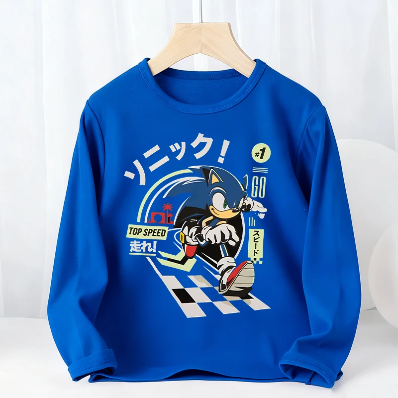 Sonics Kids Long Sleeves T-shirts Cartoon Crewneck Bottoming Undershirts Anime Pullover Thin Top Tees Children Clothing Gift New