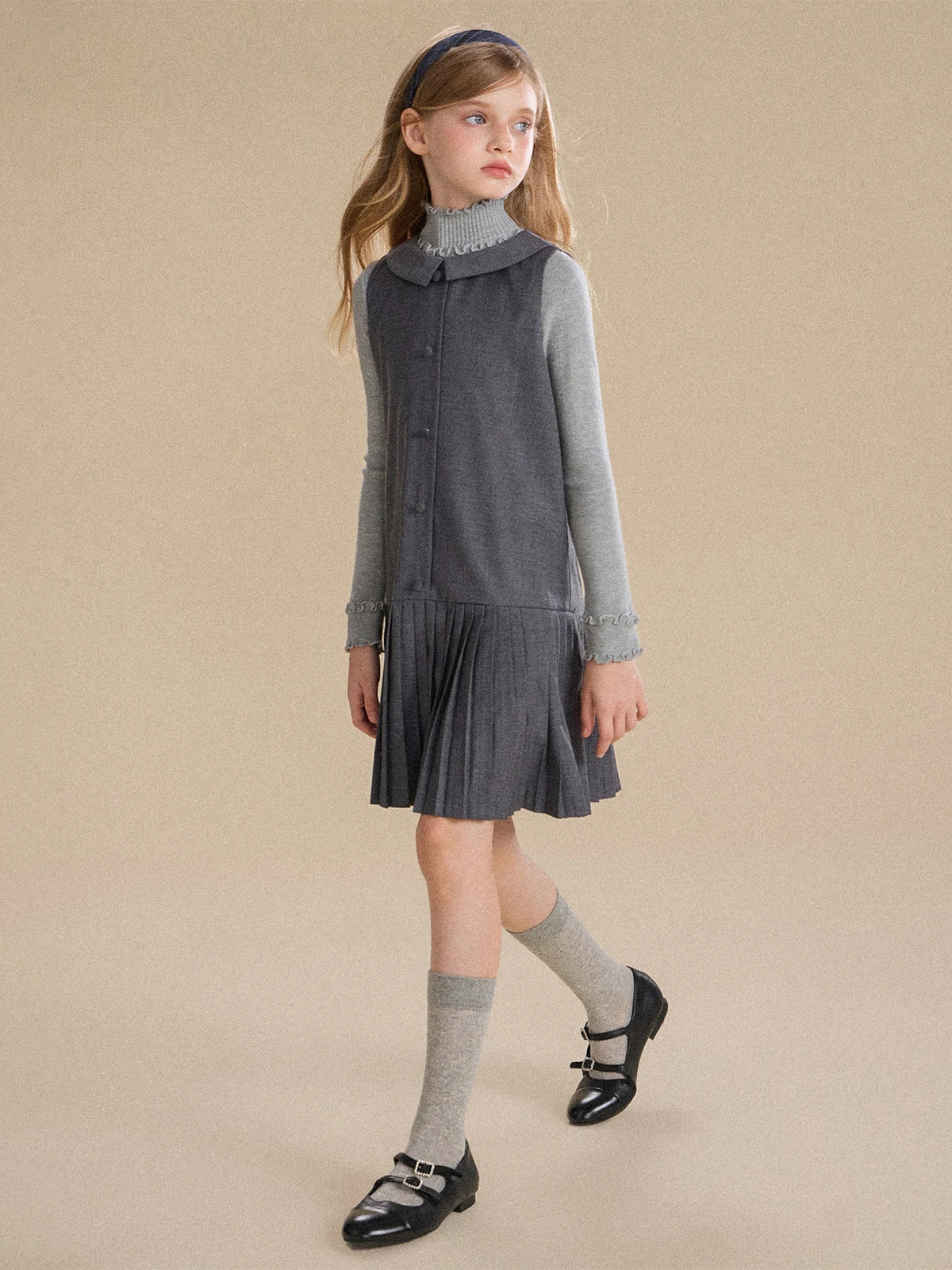 Girls Preppy Dress – Pleated Sleeveless Pinafore with Collar for Fall, School Uniform Style Long Dress for Toddler Kids