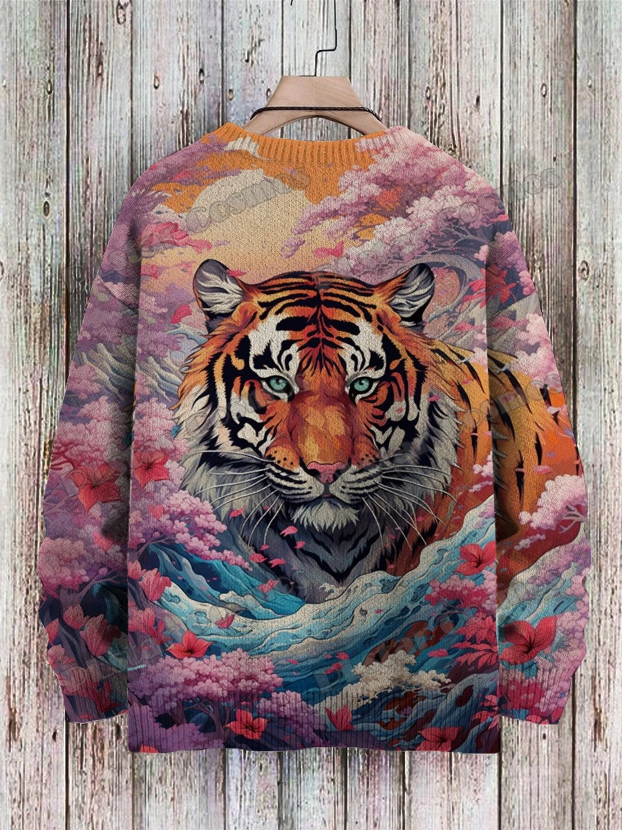 Jersey de punto con estampado 3D de arte de tigre y León colorido para hombre, Jersey de punto informal Unisex de invierno ZZM114