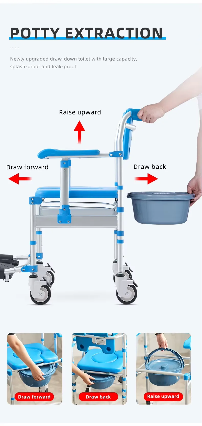 Silla de Inodoro 3 en 1 Ajustable, Plegable, Antivuelco, de Aluminio, con Reposapiés y Asiento Acolchado de Esponja, para Personas Mayores y con Discapacidad