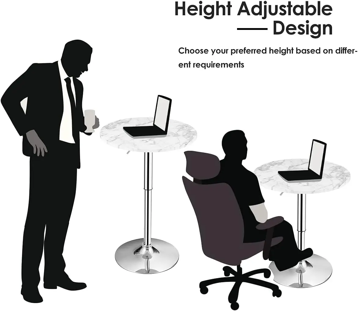 Byroce Round Bar Table, Cocktail Table Height Adjustable With 360° Swivel Top, Silver Leg & Base, High Pub Table For Bistro,