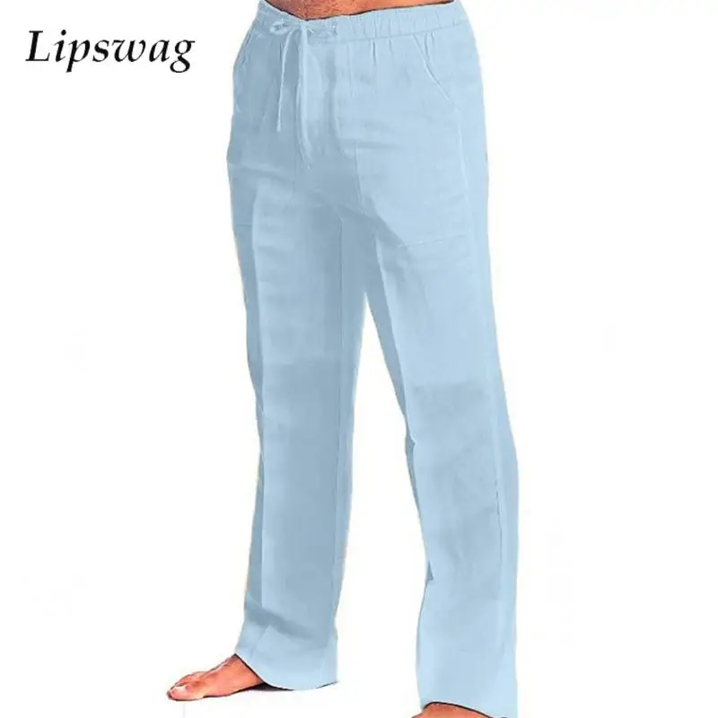 Casual Loose Breathable Linen Pants Mens Seaside Beach Summer Leisure Trousers Men Vintage Solid Color Drawstring Lace-up Pants