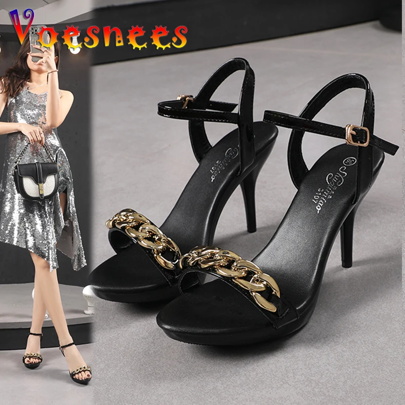 Voesnees Ladies Stiletto Pure Color Gold Chain Sandals 2022 New Summer Buckle Strap Fashion Dress High Heels Women Shoes Size 43