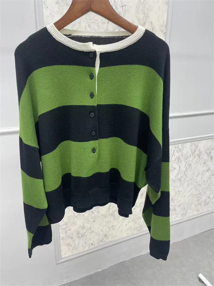 Wool Stripedwomen Loose Fit Knitted Sweater Long Sleeve Half Open Buttons Ladies Knitwear Pullover Tops 2024 Early Autumn