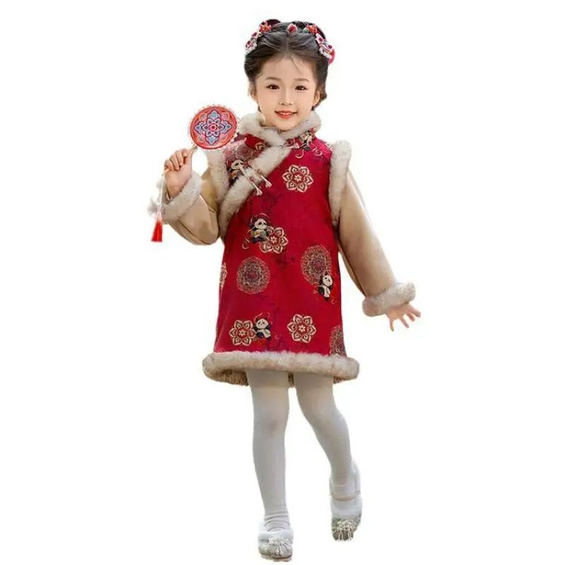 Cute Kids Thick Warm Hanfu Cheongsam Baby Girl Winter New Birthday Christmas Gift Traditional Children Chinese New Year Clothes